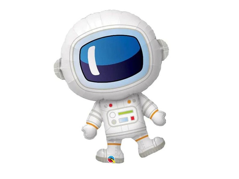 May include: A white astronaut-shaped balloon with a blue visor and orange accents. The balloon features a cartoon design of an astronaut in a spacesuit, perfect for space-themed parties or decorations.