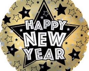 Happy New Year Balloon, Black and Gold New Year Decoration, New Years Eve Balloon, New Year Celebration Balloon