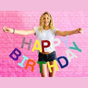 Grande banner de feliz aniversário, sinal colorido de festa de aniversário com glitter, guirlanda de letras multicoloridas, adereço de foto de feliz aniversário