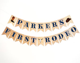 Meu primeiro banner de rodeio, sinal de festa de primeiro aniversário personalizado, banner de aniversário ocidental de cowboy personalizável em azul marinho P370