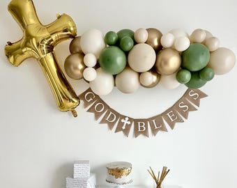 Religious Balloons, Christening Party Decor, Baptism Balloon Collection, Religious Celebration, Neutral Balloon Garland, Gold Cross Balloon