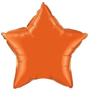 May include: A bright orange star-shaped balloon. The balloon has a shiny, metallic finish and is inflated. The star has five points and is a solid color. This festive balloon is suitable for parties and celebrations.