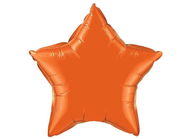 May include: A bright orange star-shaped balloon. The balloon has a shiny, metallic finish and is inflated. The star has five points and is a solid color. This festive balloon is suitable for parties and celebrations.