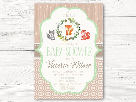 woodland baby shower invitations, woodland theme shower, baby boy woodland  themed invitation, woodland critters invitations, c113