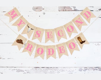 Deuxième fête d'anniversaire western, décoration de fête western, bannière en papier cartonné Mon 2e rodéo, décoration d'anniversaire cow-girl, enseigne de fête à thème rodéo P270
