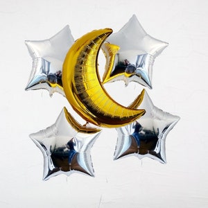Moon and Stars Balloons Set, Foil Crescent Moon Balloon, Foil Star Balloon, Birthday Party Decorations,  Space Party Decor