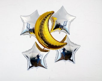 Moon and Stars Balloons Set, Foil Crescent Moon Balloon, Foil Star Balloon, Birthday Party Decorations,  Space Party Decor