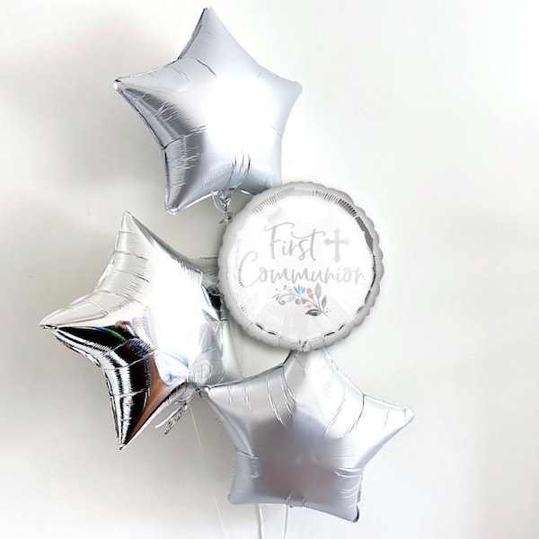 Christening Decorations, Holy Communion Decor, Silver First Communion Balloon, Star Balloons, Set of 4