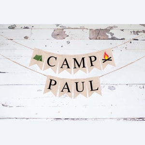 Decorações de acampamento, banner de acampamento personalizado, sinal de acampamento de verão, decoração de festa de acampamento, banner de estoque de cartão, decoração de festa ao ar livre pb1138