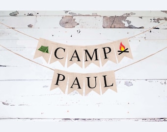 Kampdecoraties, gepersonaliseerde kampbanner, zomerkampteken, campingfeestdecoratie, kaartvoorraadbanner, buitenfeestdecor PB1138