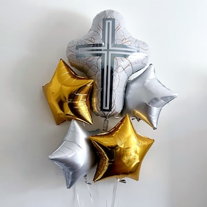 Christening Decorations, Holy Communion Decor, Gold and Silver Cross Balloons, Star Balloons Set of 5