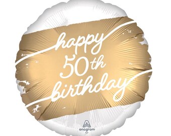 50th Birthday Balloon, Gold and White Balloon, Milestone Birthday Balloon