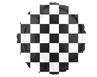 May include: Black and white checkered balloon. The balloon is round and has a shiny finish.