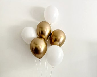 Celebration Decorations, Birthday Party Decor, Anniversary Balloons, Graduation Decor, White and Gold Balloons Set of 6