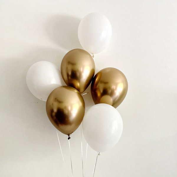 Celebration Decorations, Birthday Party Decor, Anniversary Balloons, Graduation Decor, White and Gold Balloons Set of 6