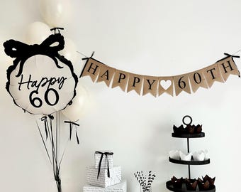 60th Birthday Party Decorations | Happy 60th Birthday | Coquette Bow | Bow Party Decorations |  Black and White Balloons | Party Banner