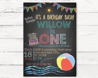 Digital Beach Ball Pool Party 1st Birthday Invitation, Summer Party  Invite, Pool Birthday Invitation, C126