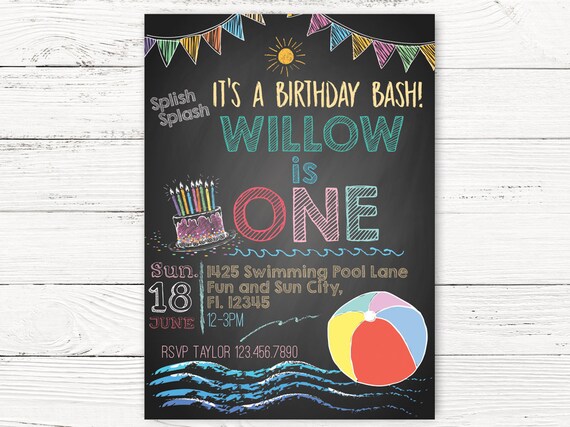 Digital Beach Ball Pool Party 1st Birthday Invitation Summer Party Invite Pool Birthday Invitation C126
