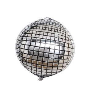 May include: A silver disco ball balloon with a mirrored surface and black grid pattern.