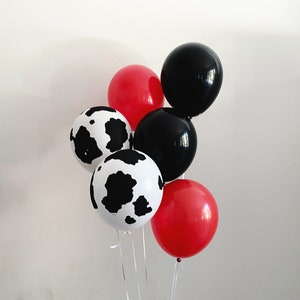 Black and Red Cow Print Balloons, First or Second Rodeo Decorations, Cowboy or Cowgirl Balloon Bouquet Set of 6