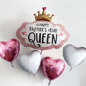 Happy Mother&#39;s Day Queen Balloon Set | Mother&#39;s Day Heart Balloons | Foil Heart Shaped Balloons | Mother&#39;s Day Balloons