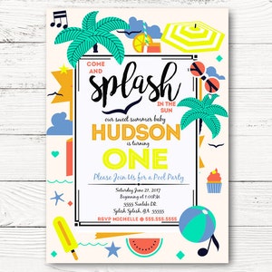 Digital Pool Party First Birthday Invitation, Summer Party Invite, Baby Boy 1st Birthday Invitation, C057 image 1