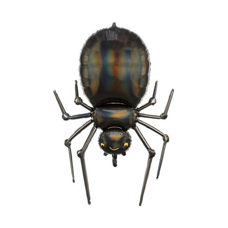 May include: A black balloon spider with a smiling face. The spider has eight legs and a shiny, iridescent body.
