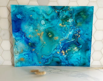 Blue Sea, Original Alcohol Ink Art, Alcohol Ink Art, Modern Art, Abstract Painting, Abstract Art, Alcohol Ink on Yupo, 11x14", Gold Sparkle