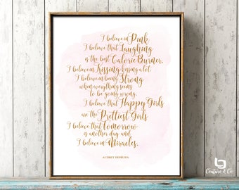 I Believe In Pink Print, Happy Girls Are The Prettiest Print, Audrey Hepburn Pink Print, Audrey Hepburn Quote Print, Pink Watercolor