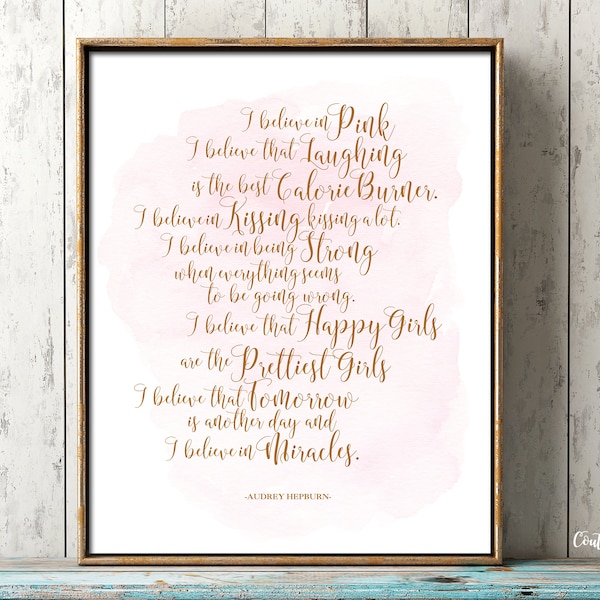 I Believe In Pink Print, Happy Girls Are The Prettiest Print, Audrey Hepburn Pink Print, Audrey Hepburn Quote Print, Pink Watercolor