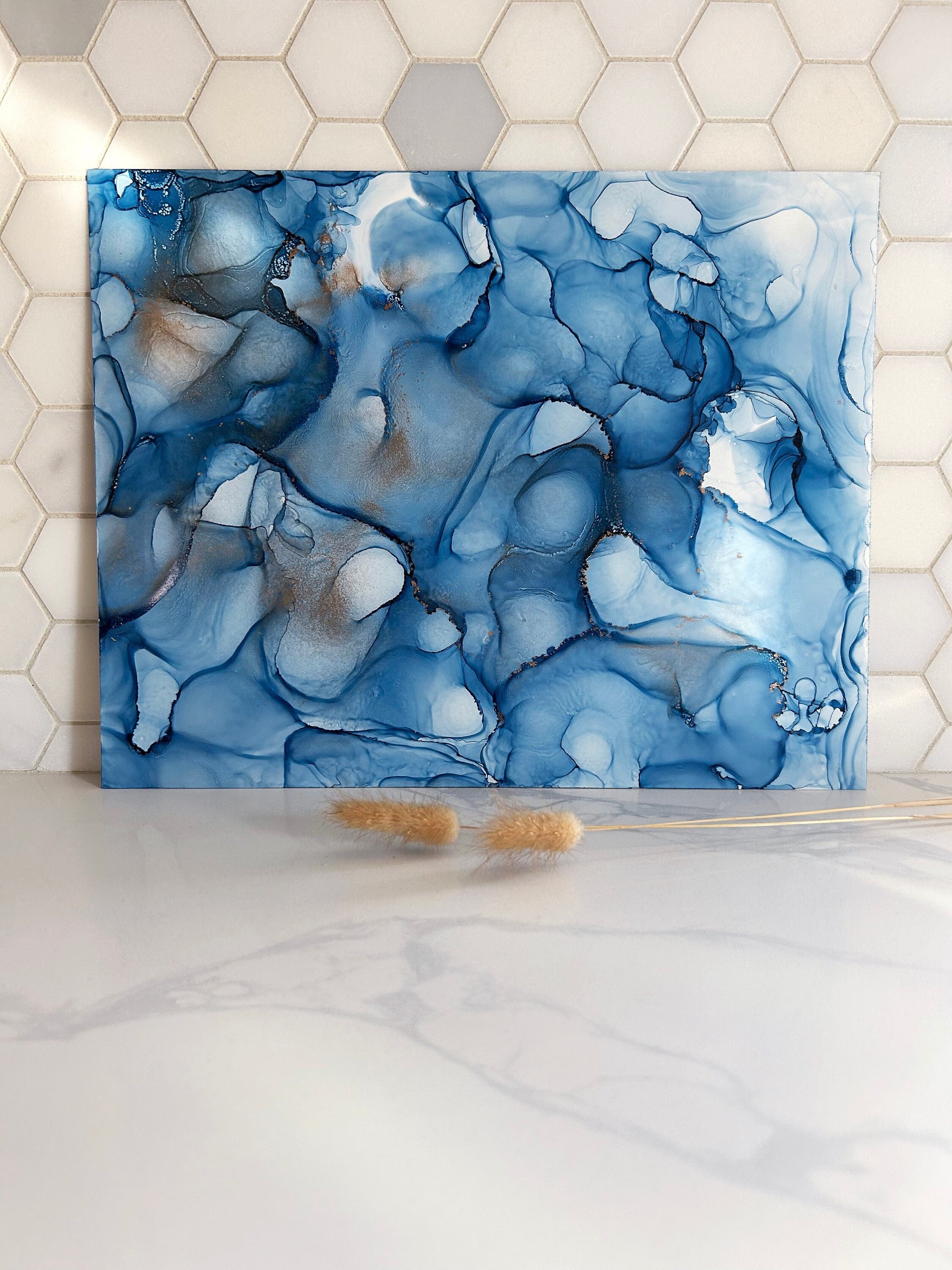 French Bleu, Original Alcohol Ink Art, Alcohol Ink, Modern Art, Abstract Painting, Abstract Art, Alcohol Ink on Yupo, 11x14", Gold Sparkle