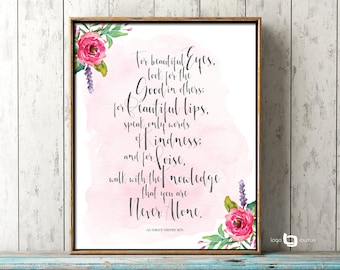 For Beautiful Eyes Quote Print, Audrey Hepburn Quote Print, Audrey Hepburn Wall Art, Audrey Hepburn Watercolor Flower Print, Art Decor