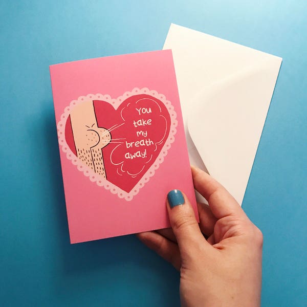 You take my breath away Greetings Card, Anniversary / Humour / Butts / Fart / Pink / Heart / Love / Partner / Valentines