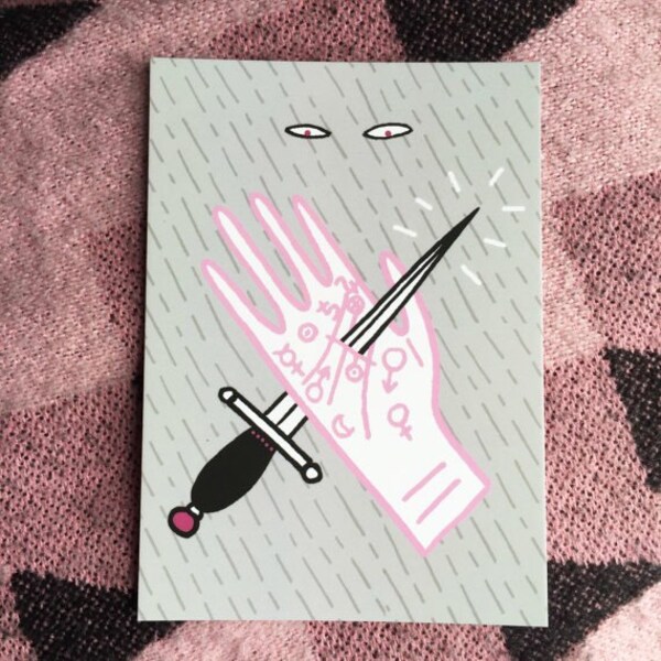 SUR la vente * chiromancie.. .mini poignard - carte postale - impression - noir - gris - yeux secrets - prédiction - - psychiques