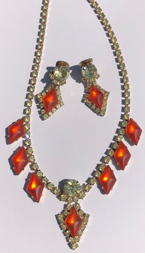 Vintage Orange Glass & Yellow Rhinestone Jewelry S