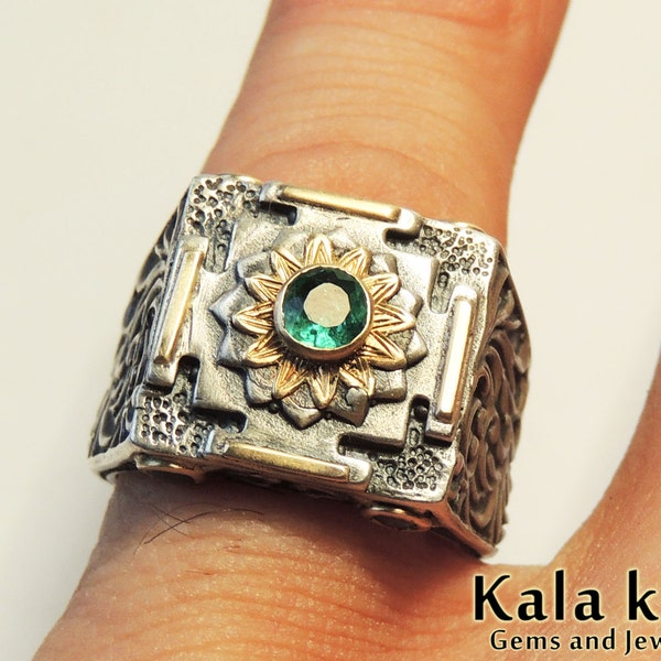 Mandala Ring Silver 18k Gold Paraiba Tourmaline Two tone Jewelry Unisex Ring Size 9 USA  18.80mm