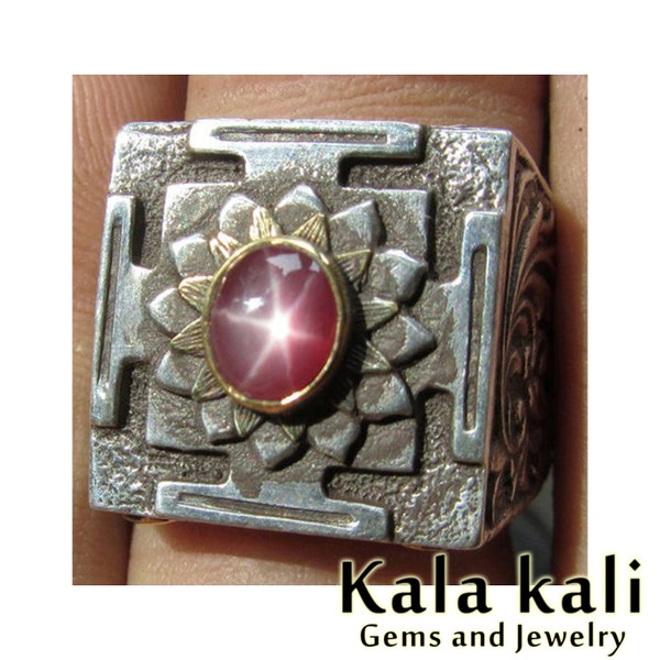 Mens Star Ruby Mandala Ring Emerald Gold Silver Ring size 9 1/4 US