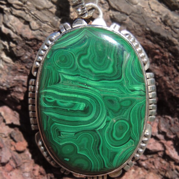 Wavy Malachite in Sterling Silver  54x38x9 MM Pendant With Navaho Design
