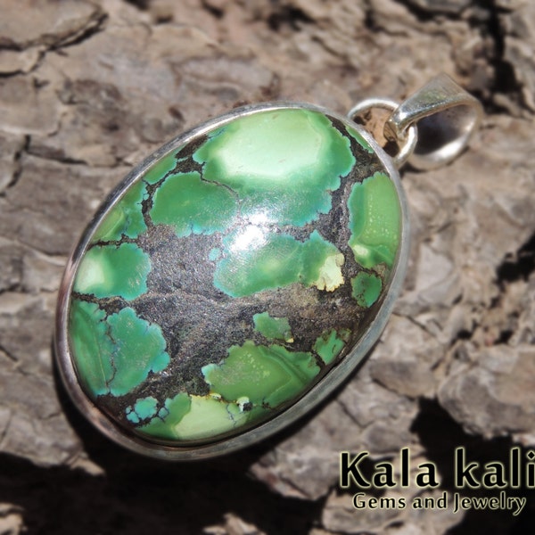reserved for cppringle Tibetan Turquoise Green teal pastel black matrix Set in Sterling Silver pendant 53x28x10 MM