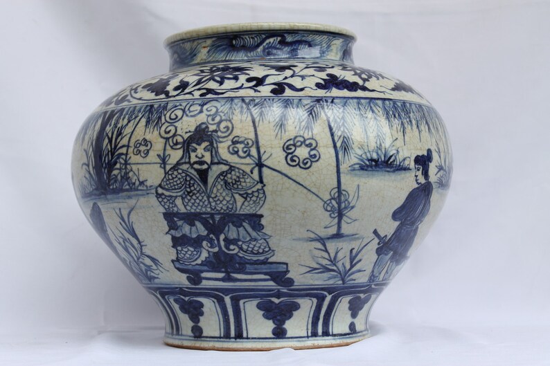 Antique Chinese Blue and White Porcelain Ming Vase Character Decorated