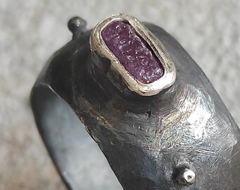 Chunky rough ruby ring Rustic ruby ring Convex silver ring Silver ring with raw ruby