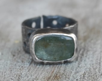 Moss aquamarine ring Chunky silver ring with aquamarine Rustic ring