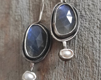 Labradorite and pearl earrings Rustic earrings with labradorite