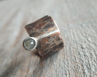 Mixed metal ring with spinel Hammered copper and silver ring Broad copper silver band ring