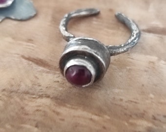 Hollow form ring with ruby Hammered silver ring Rustic ring Recycled ring
