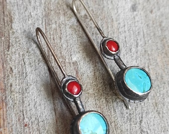 Turquoise and coral earrings Rustic silver earrings with turquoise and coral