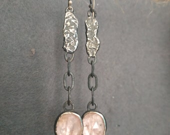 Long dangle silver earrings with morganite Pink stone earrings Recycled silver earrings Long rustic earrings