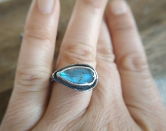Labradorite teardrop ring Silver ring with labradorite Hammered silver ring