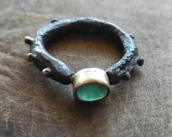 Mixed metal emerald ring Silver and gold ring  Rustic ring Recycled silver ring Chunky ring Statement ring
