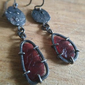 Dangle garnet earrings Silver and garnet earrings Recycled silver earrings Rustic earrings